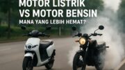 Motor listrik dan motor bensin berdampingan, menggambarkan perbandingan perawatan dan biaya