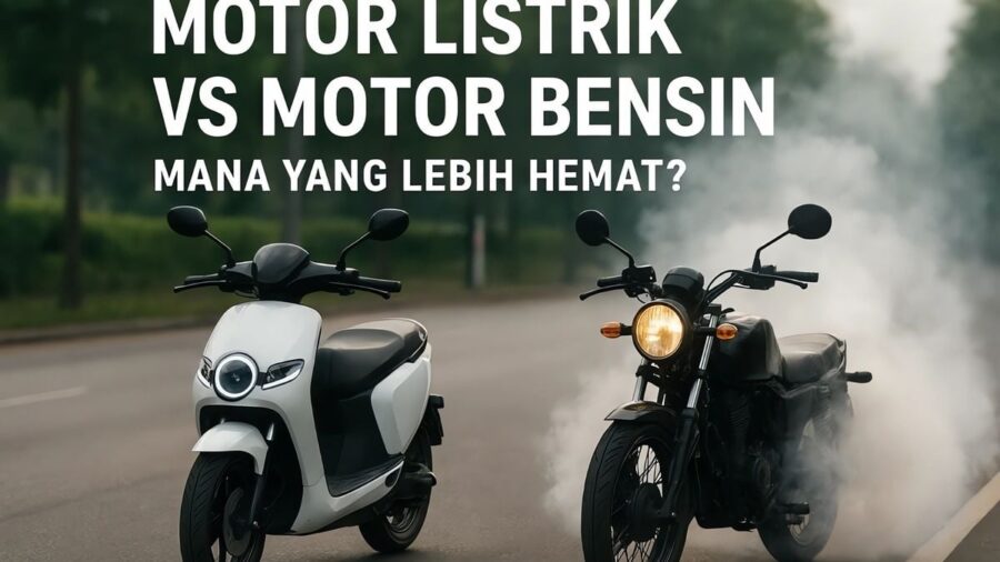 Motor listrik dan motor bensin berdampingan, menggambarkan perbandingan perawatan dan biaya